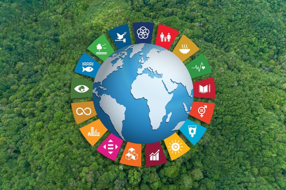 globe showing Africa surrounded by the logos for the Sustainable Development Goals